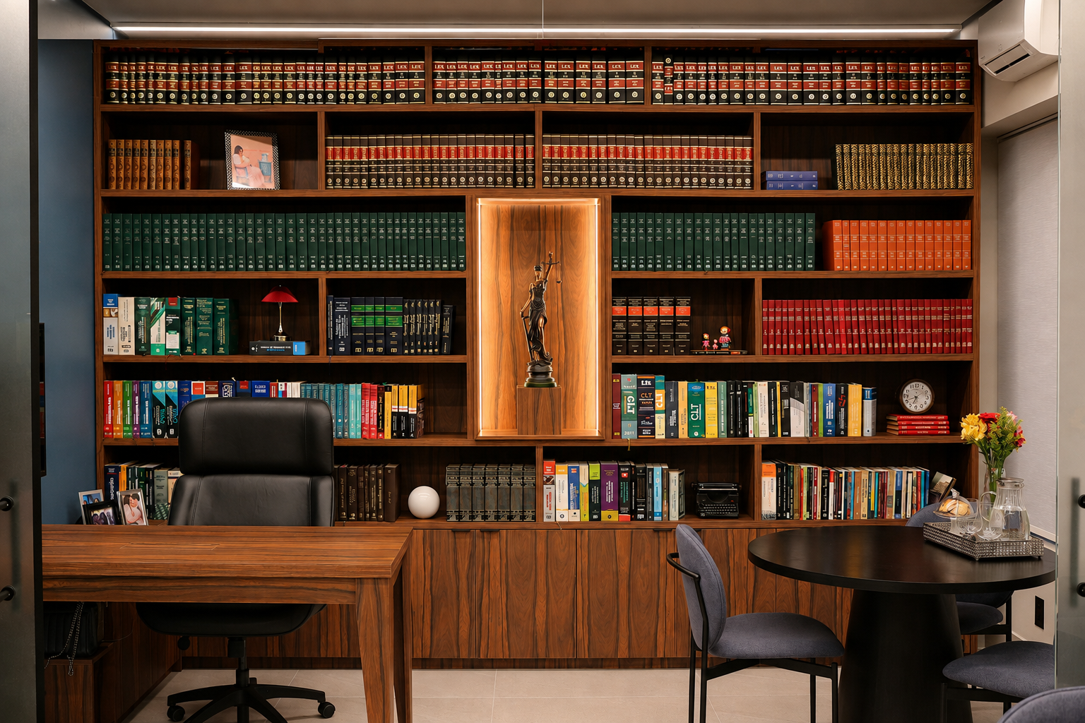 Gabinete com mesa de madeira e biblioteca jurídica