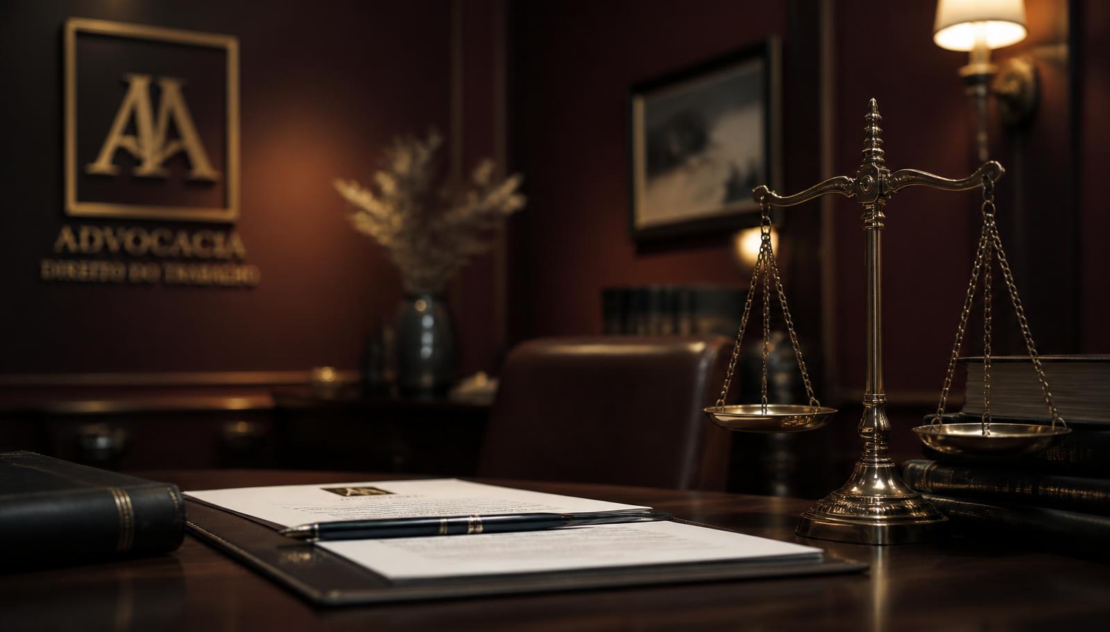 Escritório de advocacia com balança da justiça e documentos jurídicos